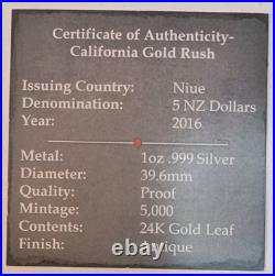 2016 Niue $5 California Gold Rush 1 oz. 999 Silver Coin 24K Gold Leaf Box COA