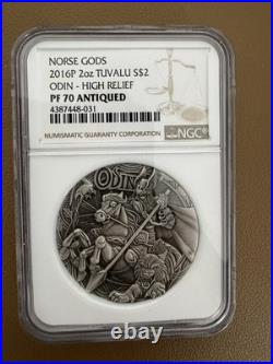 2016P Tuvalu Odin Norse Gods 2 oz Silver High Relief Antiqued Coin NGC PF 70