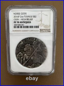 2016P Tuvalu Odin Norse Gods 2 oz Silver High Relief Antiqued Coin NGC PF 70