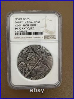 2016P Tuvalu Odin Norse Gods 2 oz Silver High Relief Antiqued Coin NGC PF 70