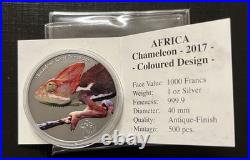 2017 Africa series Chameleon. 999 Fine Silver Coin Colored antique finish RARE 2017 Africa series Chameleon. 999 Fine Silver Coin Colored antique finish RARE
