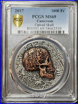 2017 Cameroun 1 oz Silver Carved Skulls Carved Skull PCGS MS69 Antique Finish