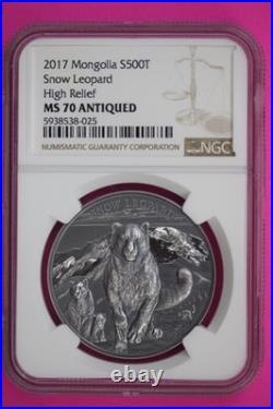 2017 MS 70 Antiqued Snow Leopard HI Relief 1 OZ Silver Coin Mongolia NGC Slab 49