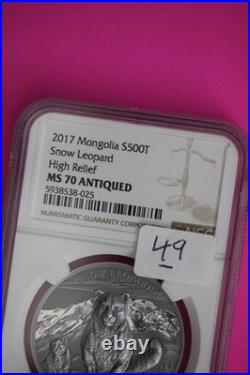 2017 MS 70 Antiqued Snow Leopard HI Relief 1 OZ Silver Coin Mongolia NGC Slab 49