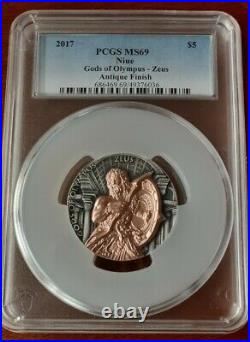 2017 Niue Zeus God of Olympus 2 oz Silver PCGS MS69 High Relief Antiqued Gilt $5