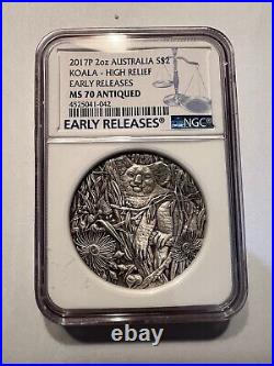 2017 P $2 2 oz. 999 Fine Silver Australian Koala High Relief NGC MS70 Antiqued