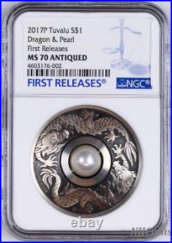 2017 P Tuvalu Dragon & Pearl ANTIQUED 1oz Silver $1 COIN NGC MS 70 FR