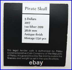 2017 Republic of Palau Pirate Skull $5 Silver Antique Finish