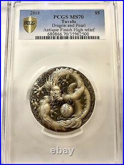 2018 $5 Tuvalu Dragon High Relief Antique 5oz Silver Coin PCGS MS70 Stunning