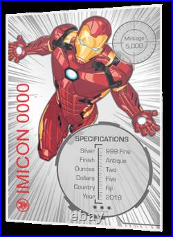 2018 Iron Man Mask $5 Fiji 2oz Silver High Relief Antiqued Coin Marvel Comics