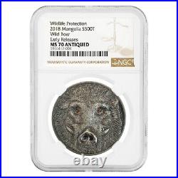 2018 Mongolia 1 oz Silver Wild Boar Wildlife Protection Antiqued Coin NGC MS 70