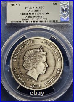 2018-P Australia End of WWI 100th Anniversary 5oz Antique Silver Coin PCGS MS70 2018-P Australia End of WWI 100th Anniversary 5oz Antique Silver Coin PCGS MS70