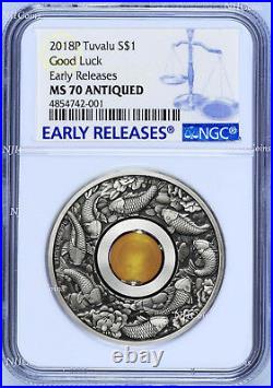 2018 P Tuvalu Good Luck Rotating Charm ANTIQUED 1Oz Silver $1 COIN NGC MS70 ER