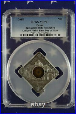 2018 Palau $10 Jerusalem Holy Sepulchre 50g. 999 Antique Finish Silver PCGS MS70