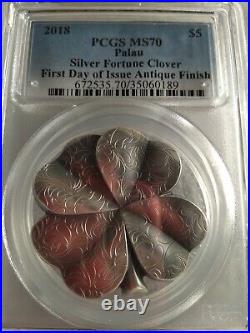 2018 Palau Fortune Clover Antiqued 1oz Silver Coin PCGS MS70 FDI with Box + COA
