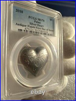 2018 Palau Heart 1oz Silver Coin Antique Finish PCGS MS70 FDI with Box & COA