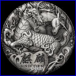 2018 Qi Lin (Unicorn) 2oz Silver Antiqued High Relief Coin