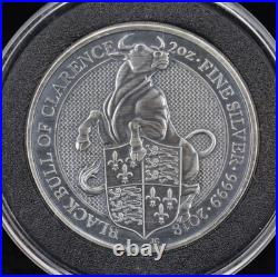 2018 Queen's Beasts Black Bull of Clarence 2oz 999.9 Silver Round Antiqued