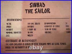 2019 1oz. 999 Antiqued FINE SILVER COIN. LEGENDARY TALES. SINBAD THE SAILOR