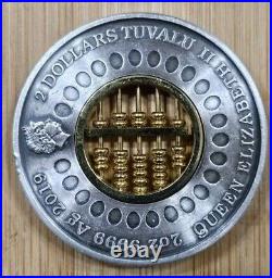 2019 2 oz Tuvalu Abacus Silver Antiqued. 9999 Coin with Box and COA