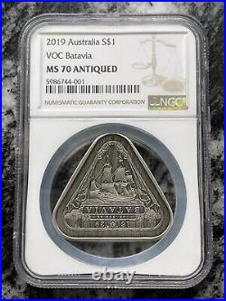 2019 Australia Shipwreck Batavia 1 oz Silver Antiqued Coin NGC MS70