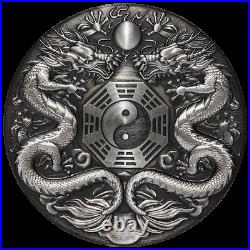 2019 Double Dragon 2oz Antiqued High Relief Silver Coin
