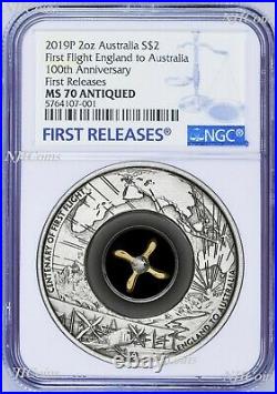 2019 First Flight England to Australia 2oz Silver Antiqued $2 Coin NGC MS70 FR