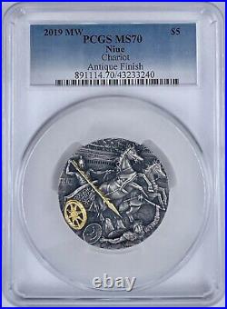 2019 MW $5 Niue Chariot 2 Oz Antique Finish Silver Coin PCGS MS 70 500 Mintage