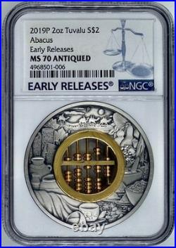 2019 P Tuvalu $2 Abacus 2 Oz Silver Coin NGC MS 70 Antiqued Early Releases