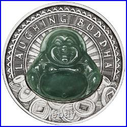2019 Tuvalu Laughing Buddha 1 oz. 9999 Antiqued Silver Coin with Jade