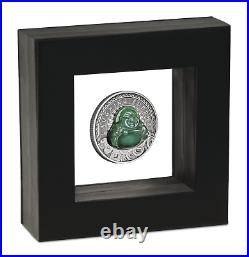 2019 Tuvalu Laughing Buddha 1 oz. 9999 Antiqued Silver Coin with Jade