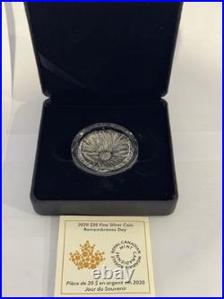 2020 28.50g PURE SILVER (ANTIQUE) $20 COIN. REMEMBRANCE DAY