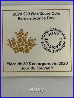 2020 28.50g PURE SILVER (ANTIQUE) $20 COIN. REMEMBRANCE DAY