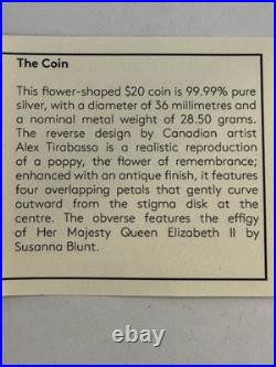 2020 28.50g PURE SILVER (ANTIQUE) $20 COIN. REMEMBRANCE DAY