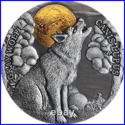 2020 $5 Niue GRAY WOLF 2 oz Gilded High Relief Antiqued Silver Coin-MINTAGE 500
