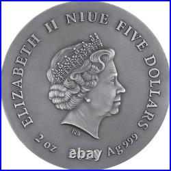 2020 $5 Niue GRAY WOLF 2 oz Gilded High Relief Antiqued Silver Coin-MINTAGE 500