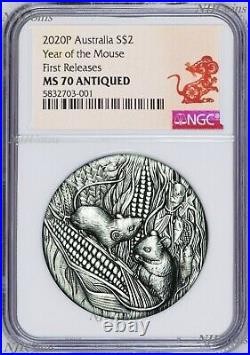 2020 Australia Antiqued LUNAR Year of the MOUSE 2oz $2 Silver Coin NGC MS70 FR