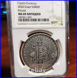 2020 Chad 5,000 Francs 1-oz Silver Bitcoin Crypto Currency Coin Antiqued NGC