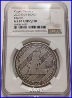 2020 Chad 5000 Francs Litecoin 1 oz. 999 Silver NGC MS70 Antiqued Crypto Currenc