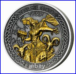 2020 Cook Islands Norse Gods Thor 2 oz Silver with Gold Plating Antiqued $1 Coin