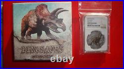 2020 Niue Dinosaur Triceratops 1 oz Colorized Silver Round graded MS 70 Antiqued