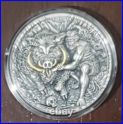 2020 Niue Twelve Labours Of Hercules ERYMANTHIAN BOAR Antiqued 2 Oz Silver Coin