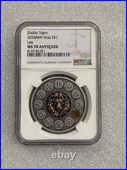 2020 Niue Zodiac LEO Colorized Silver Coin 1 oz. 999 NGC MS70 Antiqued