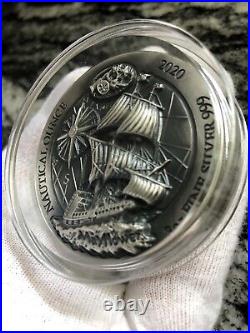 2020 Rwanda Nautical Ounce Mayflower 3 oz Silver Antiqued Ultra High Releif Coin