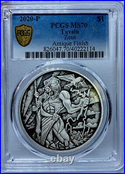2020 Tuvalu Zeus Gods of Olympus 1oz. Antique. 9999 Silver MS70 PCGS Gold Label