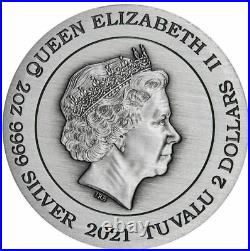 2021 2 Oz Silver $2 Tuvalu DOUBLE DRAGON N YIN YANG KOI FISH Antiqued Coin