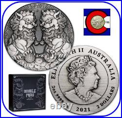 2021 Australia Double Pixiu 2 oz Silver Antiqued Coin with OGP