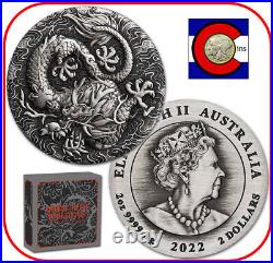 2021 Australia Dragon 2 oz Silver Antiqued Coin with OGP Chinese Myths & Legends