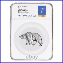 2021 Chad 1 oz Silver Bear Shaped Coin NGC MS 70 FDOI Antiqued High Relief