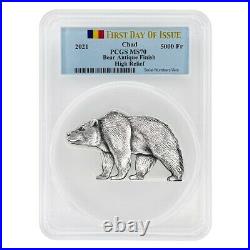 2021 Chad 1 oz Silver Bear Shaped Coin PCGS MS 70 FDOI Antiqued High Relief